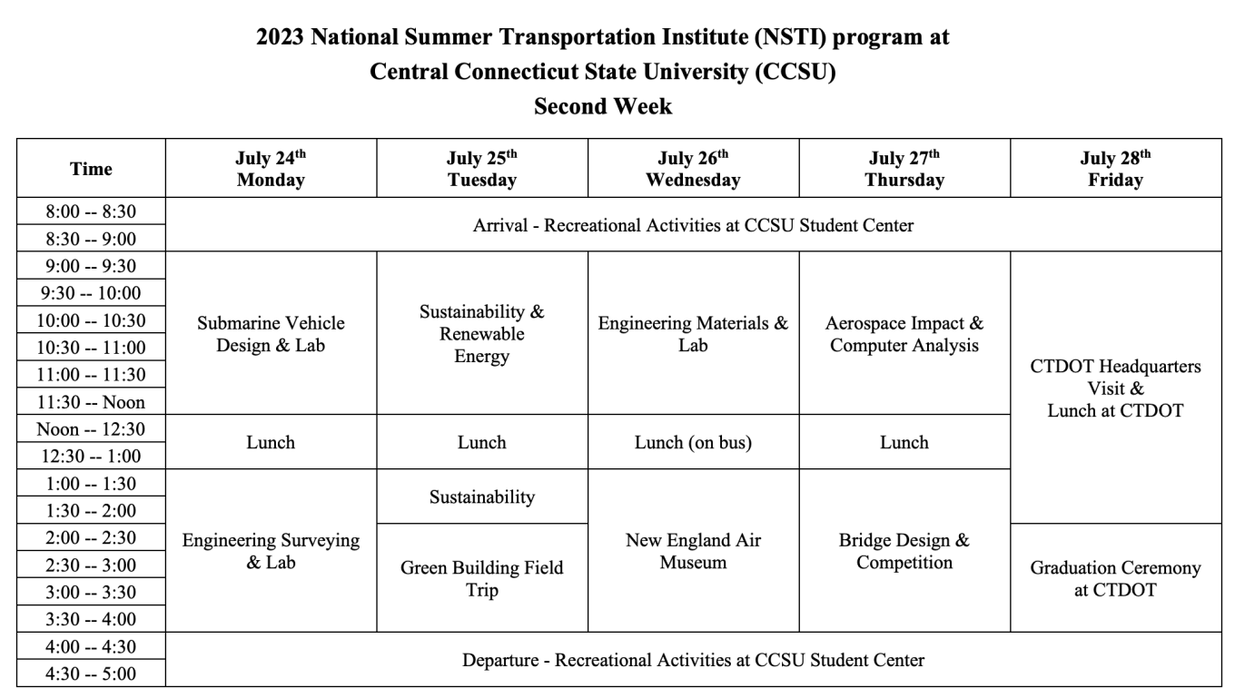 2023 NSTI Schedule Central Connecticut State University